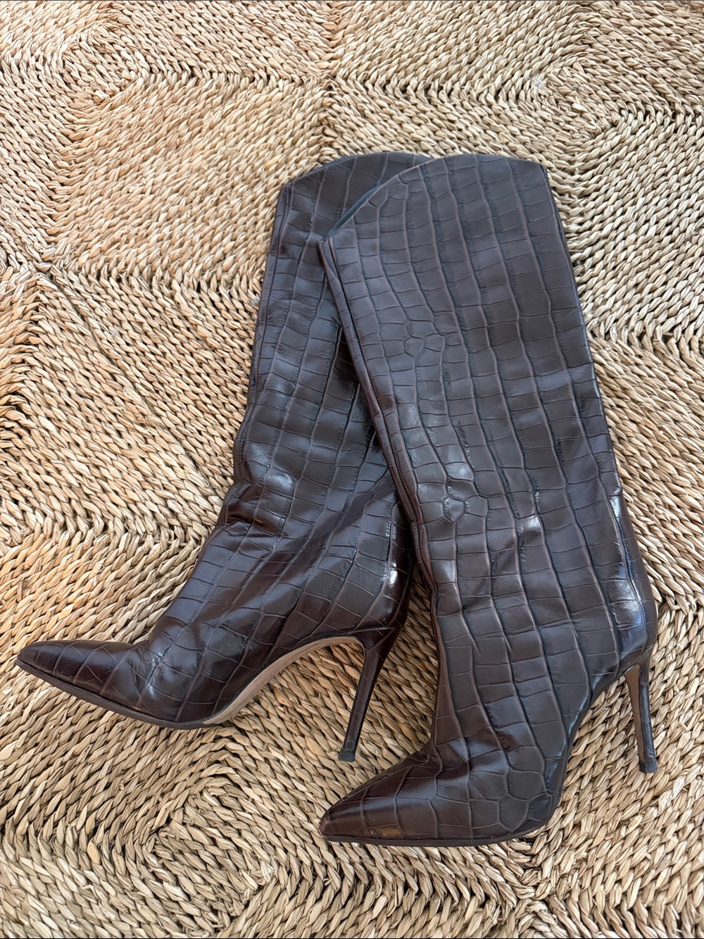 SCHUTZ Dark Brown Croc-Embossed Stiletto Boots